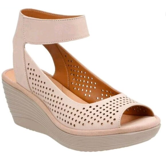 Clarks Reedly Salene Tan Perforated Leather Wedge Sandals in Womens Size 9.5 Pe - Picture 2 of 9